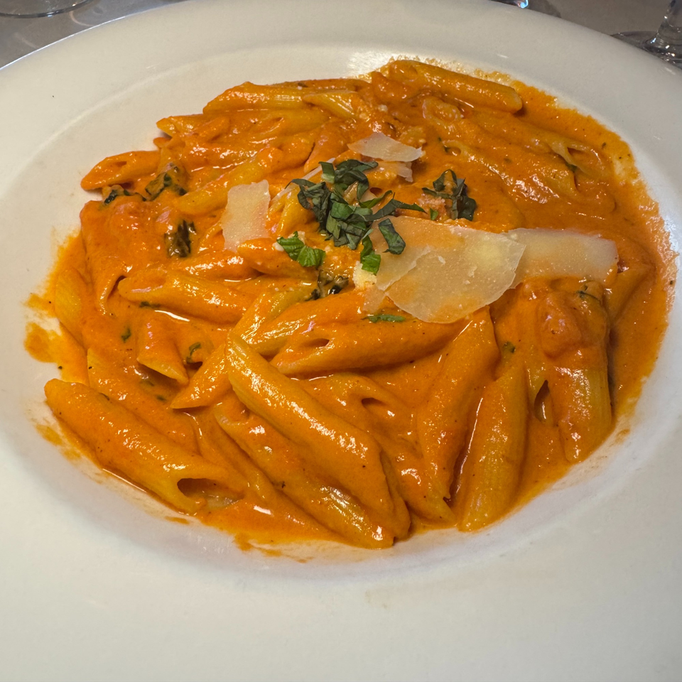 Penne pasta in a creamy orange sauce, garnished with fresh basil and shaved Parmesan cheese.