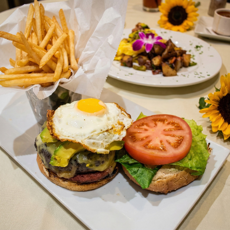 A burger with avocado, melted cheese, and a fried egg, served with fries and a side dish.