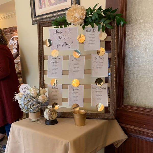 A framed seating chart with a "Where in the World are you sitting?" sign, flowers, and a globe.