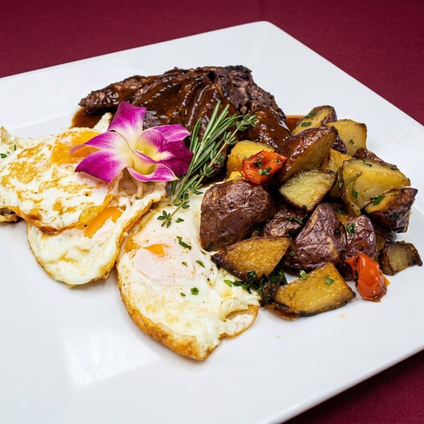 Luciano's Ristorante & Lounge's steak and eggs with roasted potatoes, garnished with an orchid.