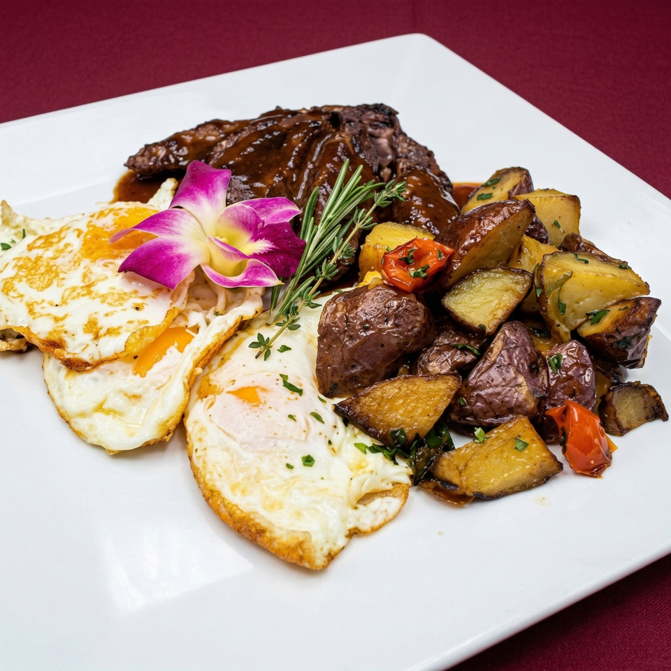 Luciano's Ristorante & Lounge's steak and eggs with roasted potatoes, garnished with an orchid.
