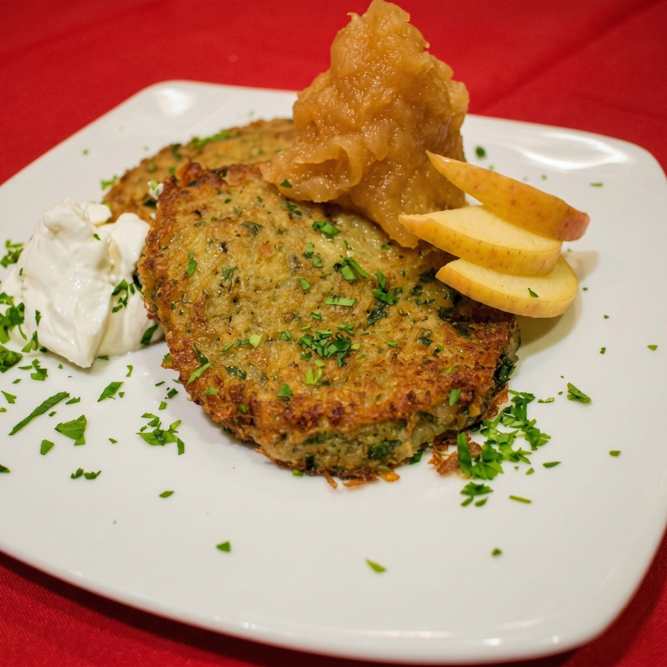 Two golden-brown potato pancakes topped with applesauce, apple slices, and a dollop of sour cream.