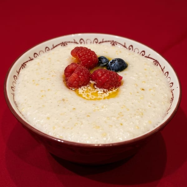 Creamy Italian semolina pudding topped with fresh raspberries, blueberries, and a drizzle of honey.