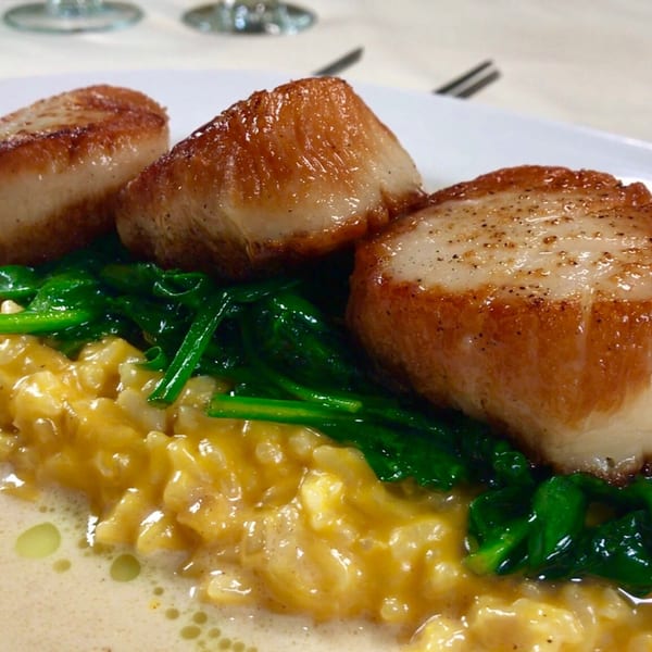 Three seared scallops on a bed of creamy risotto and vibrant green spinach, with a light sauce.