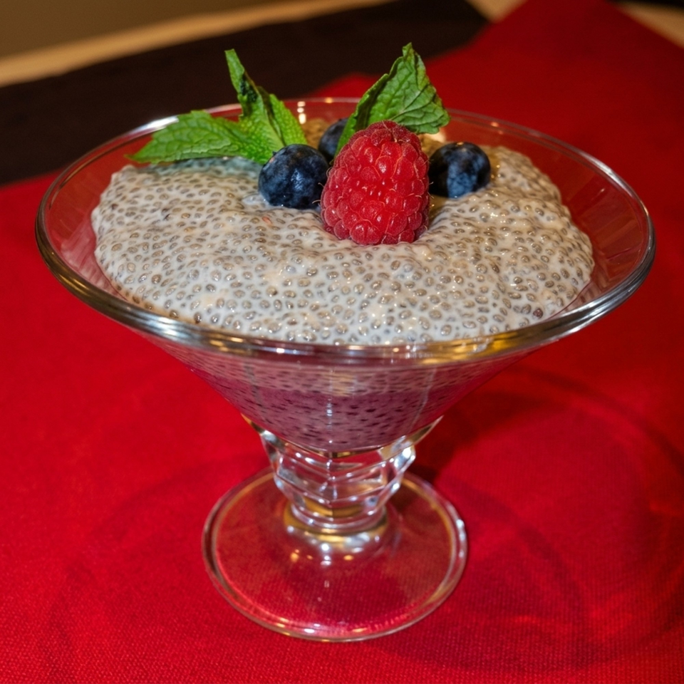 Chia pudding in a martini glass, topped with raspberries, blueberries, and mint leaves on a red tablecloth.