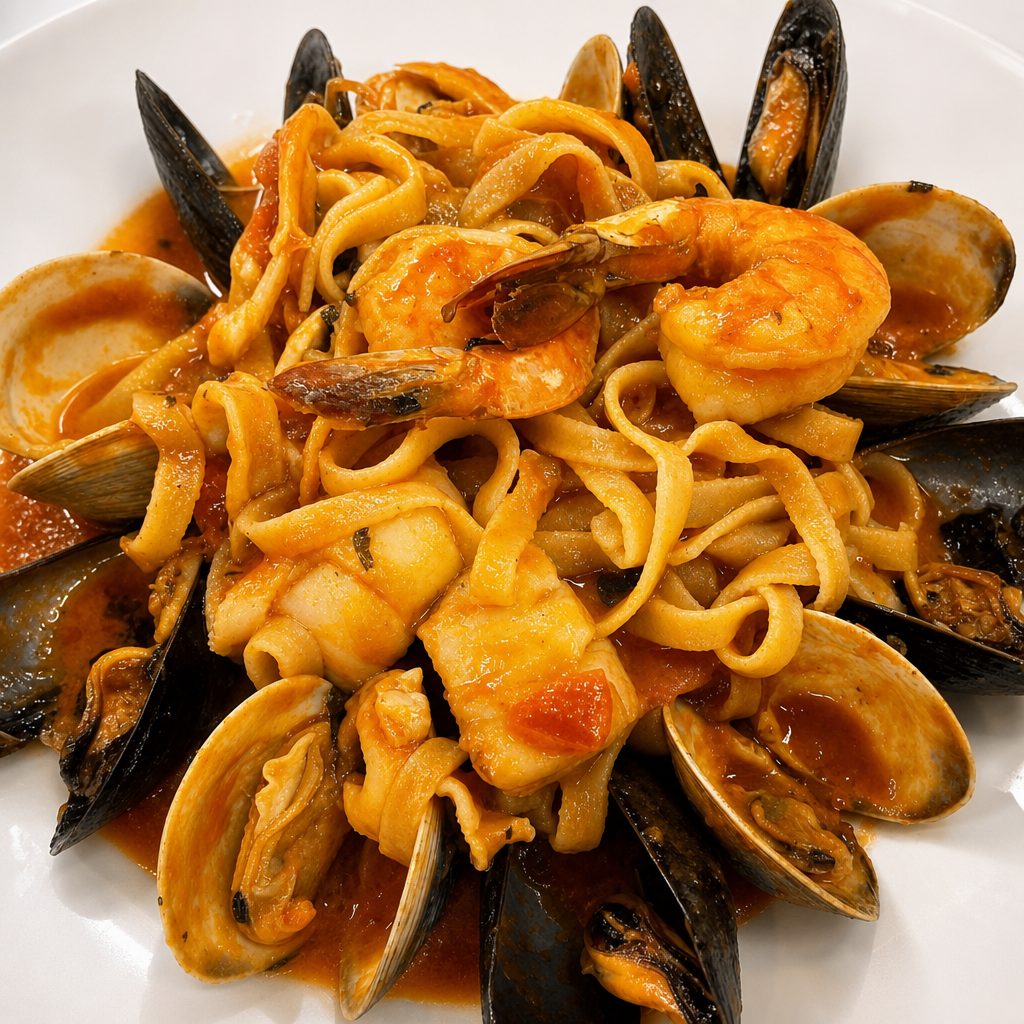 Fettuccine & Seafood Fra Diavolo Pasta.